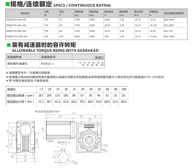 750W無刷電機規格